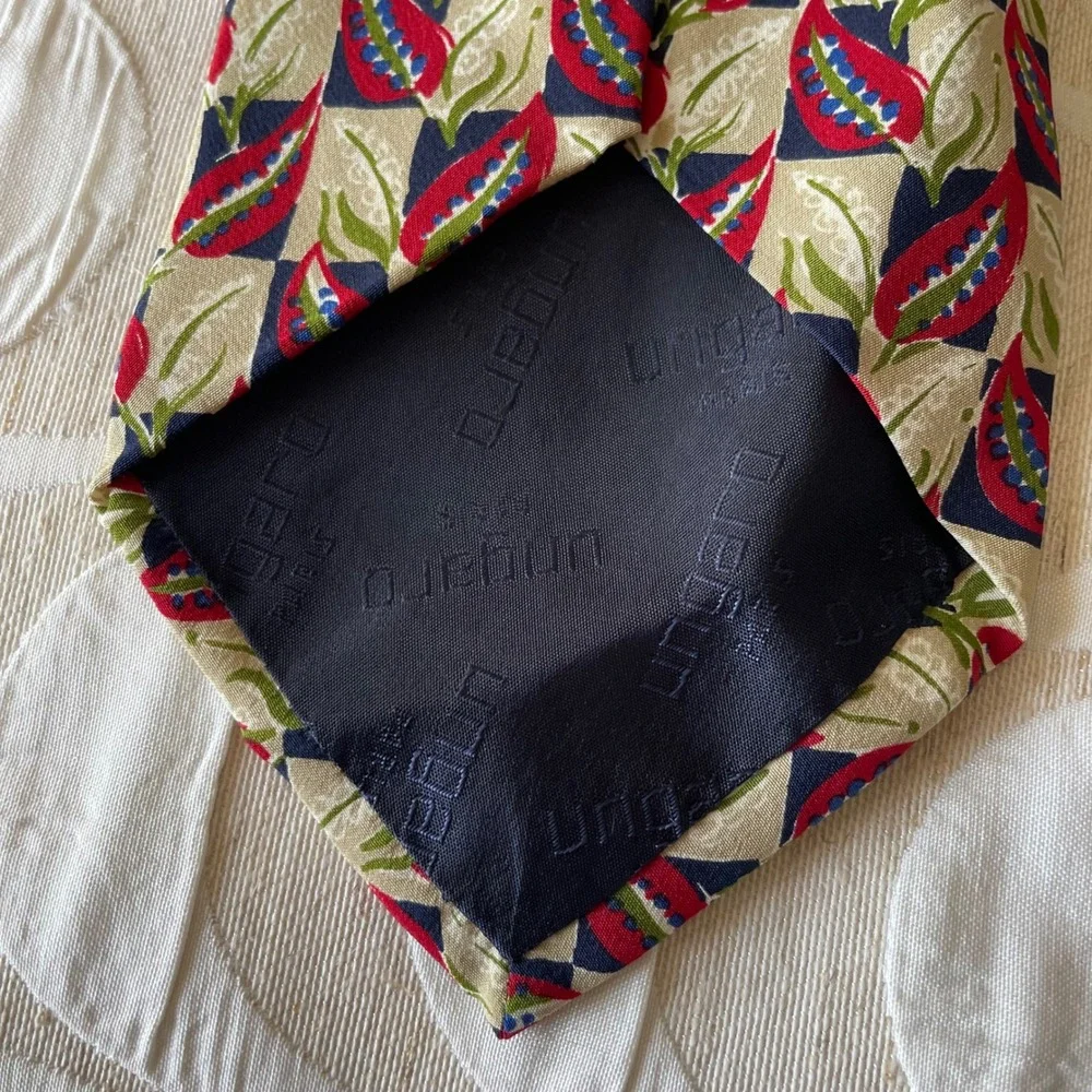 Ungaro Paris Mens Silk Tie Geometric Botanical Red Green Navy Made in Italy
